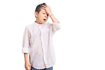Cute blond kid wearing elegant shirt surprised with hand on head for mistake, remember error. forgot, bad memory concept.