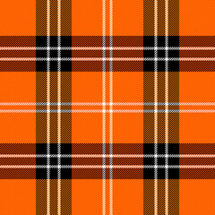 Halloween Tartan plaid. Scottish pattern in black, orange and white cage. Scottish cage. Traditional Scottish checkered background. Seamless fabric texture. Vector illustration