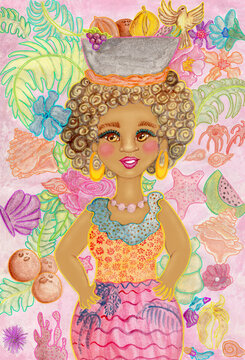 retrato de mujer afro en acuarela pintada a mano, estilo caricatura, dibujo cultura afro, mar, playa, frutal, floral, tropical, afrocolombiana, Cartagena, Palenquera, Palenque