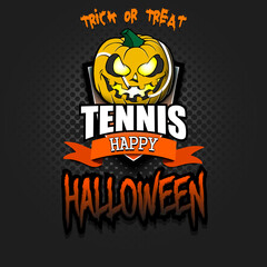 Happy Halloween. Template tennis design. Logo tennis ball in the form of a pumpkin on an isolated background. Pattern for banner, poster, greeting card, flyer, party invitation. Vector illustration