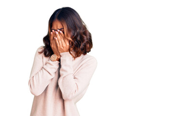 Young beautiful mixed race woman wearing winter turtleneck sweater rubbing eyes for fatigue and headache, sleepy and tired expression. vision problem