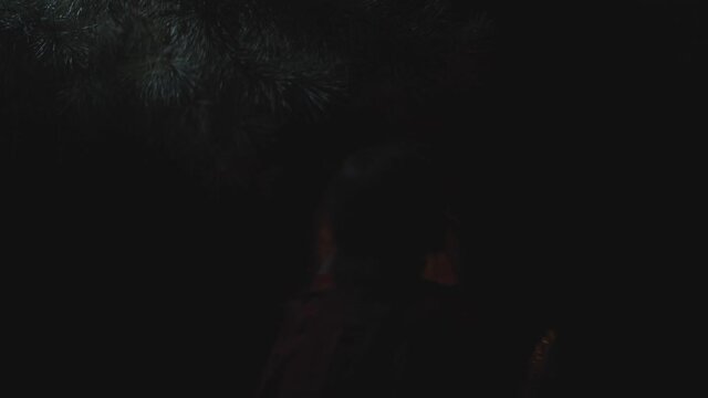 Red riding hood in dark woods with lantern, slow motion
