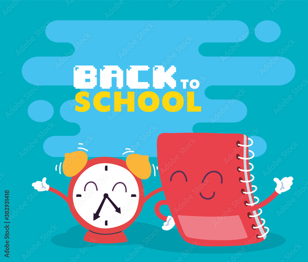 Aufkleber notebook and clock cartoon of back to school vector design
