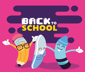 pencil eraser and crayon cartoon of back to school vector design