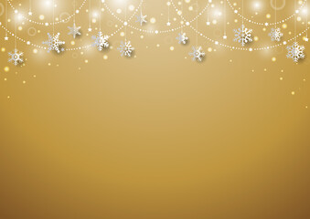 雪の結晶がぶら下がった キラキラ イルミネーションのクリスマス背景 フレーム　金