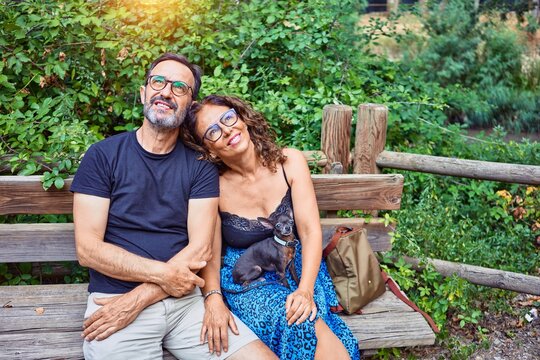 Middle age couple smiling happy looking at the sky. Sitting on the bench with chihuahua dog at park