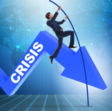 Businessman pole vaulting over crisis in business concept
