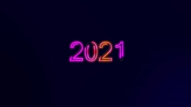 2021 New year neon light running and light glow particle explosion on dark blue background.
