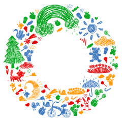 Kindergarten. Kids drawing style. Family. Mother, father, sister, brother. Boys and girls. Vector pattern.