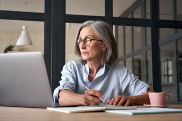 Serious mature older adult woman watching training webinar on laptop working from home or in...