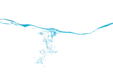 Surface Water wave, transparent blue with bubbles In beautiful nature on a white background with copy space