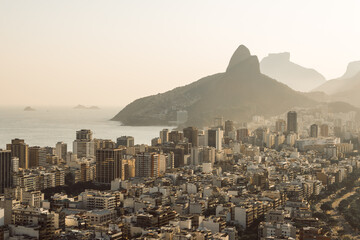 Aerial View of Buildings in Ipanema District and Two Brothers Mountain in the Horizon in Rio de...