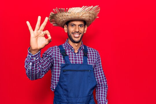 Young latin man wearing farmer hat and apron smiling positive doing ok sign with hand and fingers. successful expression.