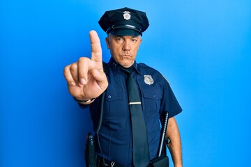 Handsome middle age mature man wearing police uniform pointing with finger up and angry expression, showing no gesture