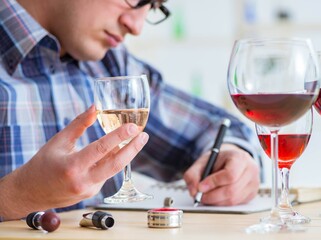 Professional sommelier tasting red wine