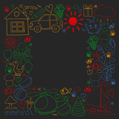 Vector kindergarten pattern with helicopter, house, toys, ship. Boys and girls online education.