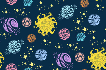 Planets seamless pattern. Colorful doodle solar system, dark background. Astronomical observatory. Sun moon mercury venus earth mars jupiter saturn neptun. Astronomy galaxy space. Vector illustration