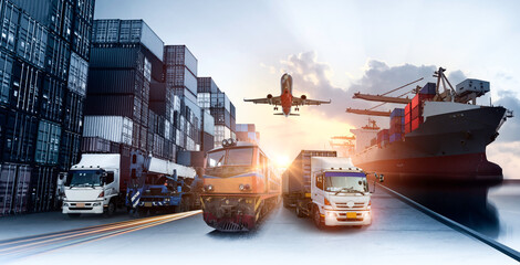 Global business of Container Cargo freight train for Business logistics concept, Air cargo trucking, Rail transportation and maritime shipping, Online goods orders worldwide - obrazy, fototapety, plakaty