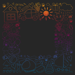 Vector kindergarten pattern with helicopter, house, toys, ship. Boys and girls online education.
