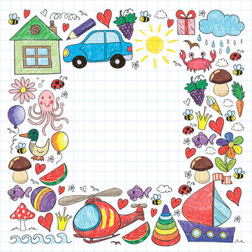Vector kindergarten pattern with helicopter, house, toys, ship. Boys and girls online education. © helen_f