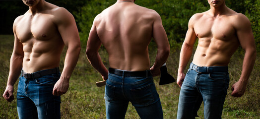 Topless shirtless male models. Naked bodybuilders in forest. Fashion portrait of young hot naked...