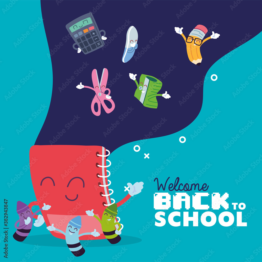 Poster notebook and icon set cartoons of back to school vector design