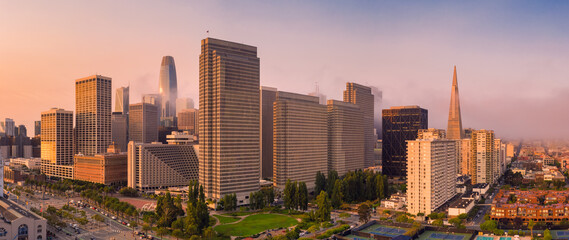 Orange pink haze over San Francisco skyline from California wildfires 