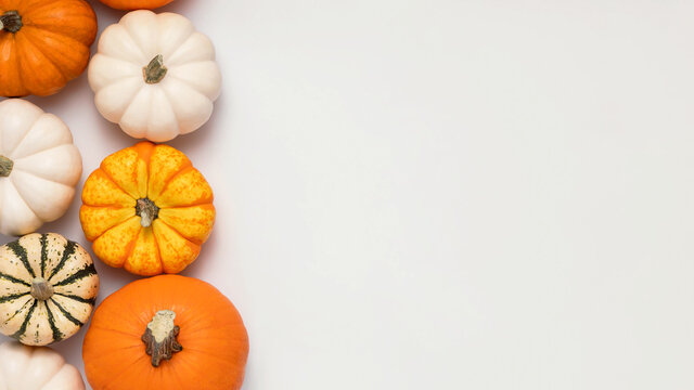 Multicolored autumn pumpkins on white background. Flat lay composition, top view with copy space.