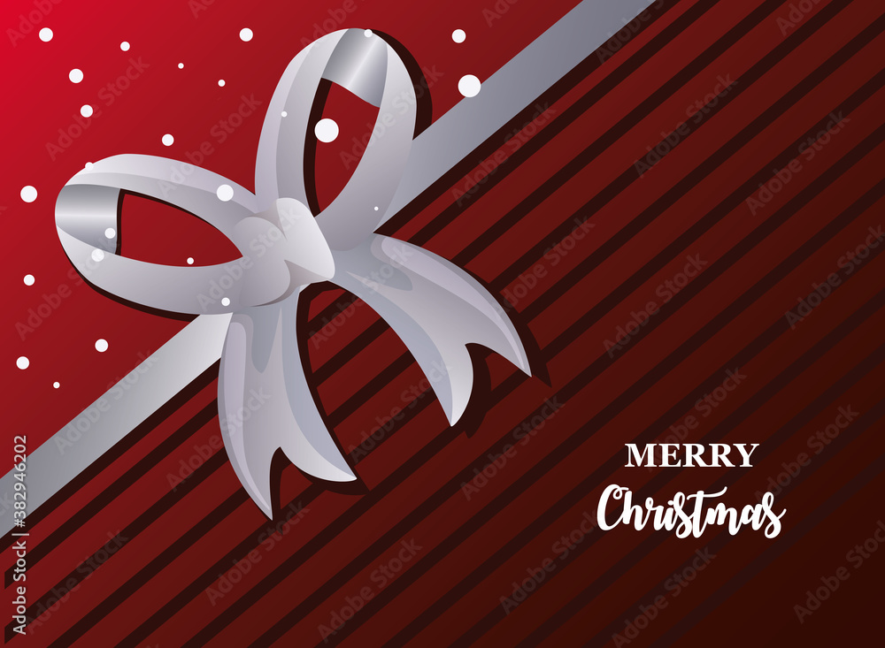 Wall mural merry christmas label with silver gift ribbon