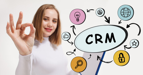 Business, technology, internet and network concept. Young businessman thinks over the steps for successful growth: CRM