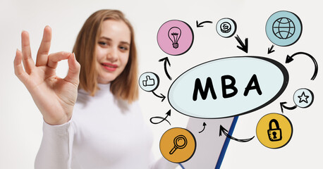 Business, technology, internet and network concept. Young businessman thinks over the steps for successful growth: MBA