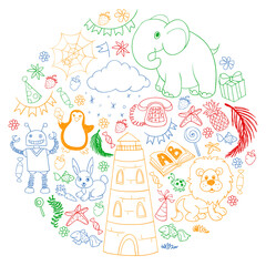Vector kindergarten pattern with animals and toys. Illustration for little boys and girls.