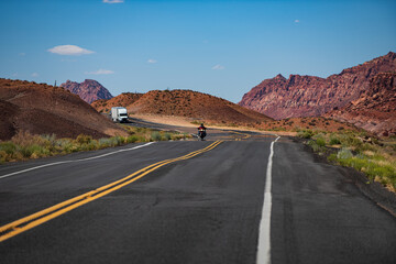 Asphalt road. American roadtrip. Scenery with highway.