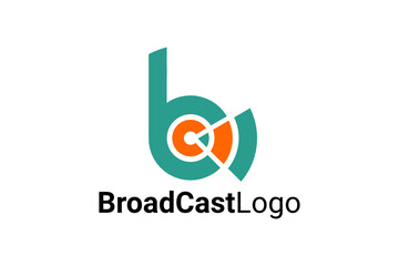Flat vector logo for broadcast, broadcast studio, etc with illustration of target board and sound waves. Vector logo initial "b" or "bc" on light background