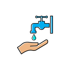 Wash hand flat icon, hand icon, water tap and water drop. Vector template design