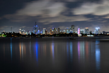 Fototapeta na wymiar Miami, Florida, USA skyline on Biscayne Bay, city night backgrounds. Panoramic view of Miami skyline and coastline, Florida.