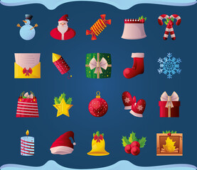 set of christmas icons on blue background