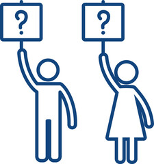A man and a woman take part in a political meeting, demonstration. Activist people icon holds a banner, poster with a question mark. Public protest. Vector illustration. Flat infographics..