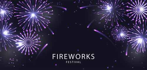 Fireworks Festival. Firecracker beautiful purple burst on the night sky. Vector illustration.