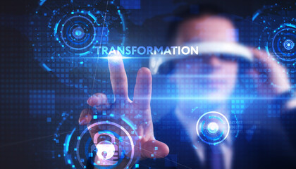 Business, technology, internet and network concept. Young businessman thinks over the steps for successful growth: Transformation