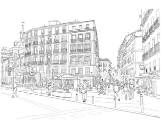 Madrid, Spain, hand drawn illustration of a cityscape scene downtown. A crowd of people enjoy the day.
