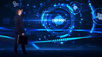Business, technology, internet and network concept. Young businessman thinks over the steps for...