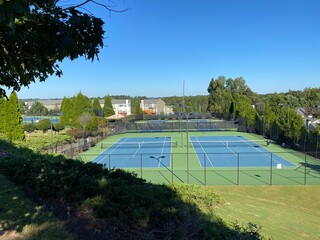 neat tennis courts and surrounding trees