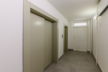 Russia, Moscow- April 10, 2020: interior public place, house entrance. doors, walls, staircase corridors