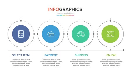 Concept of shopping process with 4 successive steps. Four colorful graphic elements. Timeline design for brochure, presentation, web site. Infographic design layout.