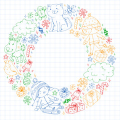 Christmas winter vector background with children. Kids vacation and sport.