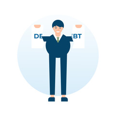 illustration of a man or businessman tearing a debt sheet in half. happy because free or paid off from debt. flat style. UI element design