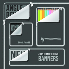 Background zipper angle frame web banners set, isolated pixel art vector illustration. Design for web, stickers, logo and mobile app.