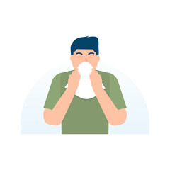 illustration of a man using tissue because he has a cold, flu, sneezing, fever. the concept of cleansing yourself and protecting from disease. sick person. flat style. UI element design