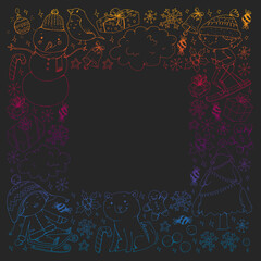 Christmas winter vector background with children. Kids vacation and sport.